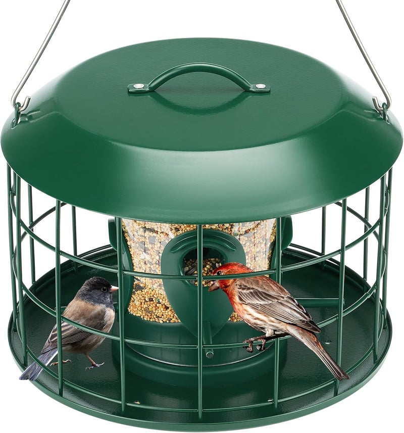 Kingsyard Tube Squirrel Proof Bird Feeders for Outdoor Hanging, Metal Caged Bird Feeder with Rain Proof Covered for Wildbirds Finches Bluebird, 4 Feeding Ports, Green - Image 1